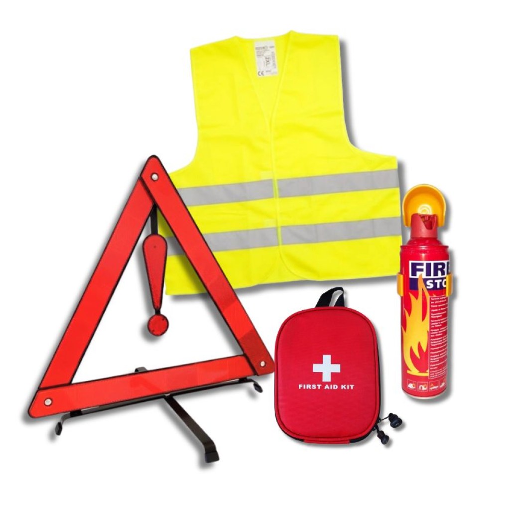 σετ-εκτάκτου-ανάγκης-με-ανακλαστικό-γιλέκο,-πυροσβεστήρα,-φαρμακείο-και-τρίγωνο